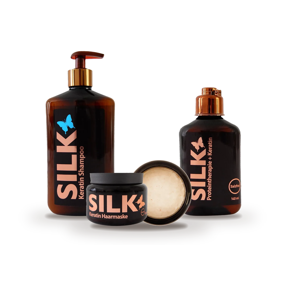 SILK Pflege-Set: Keratin Shampoo, Keratin Haarmaske und Proteintherapie + Keratin Serum