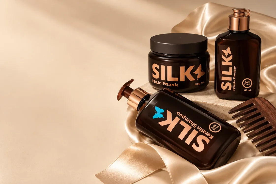 SILK Keratin Shampoo, Haarmaske und Serum mit Holzkamm und Seidenband
