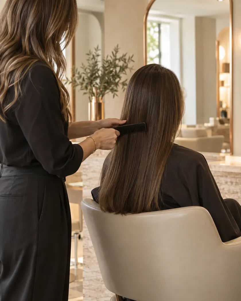 Friseurin kämmt das lange, glänzende Haar einer Kundin im Salon